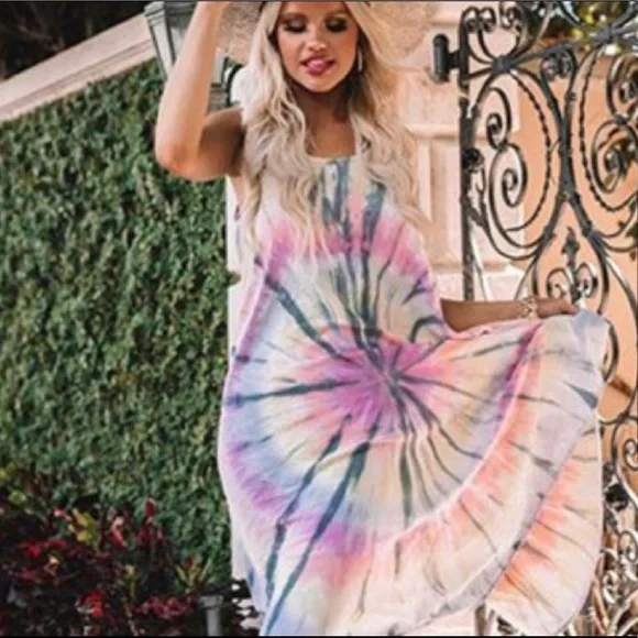 Women’s Tie-Dye Midi Dress with Crisscross Back - Pink Multi - Picture 5 of 7